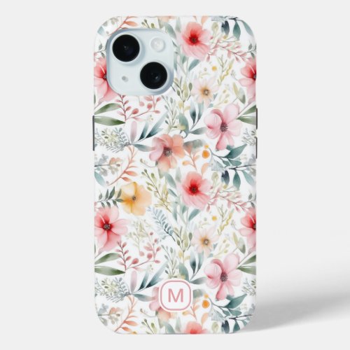 Monogram pink coral flower leafy botanical iPhone 15 case