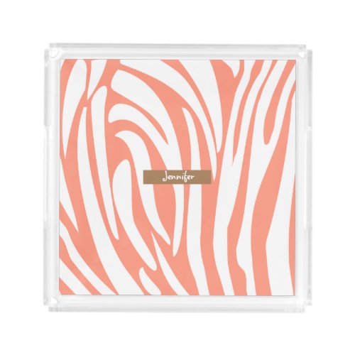 Monogram Pink Coral Striped Zebra Pattern Trendy Acrylic Tray