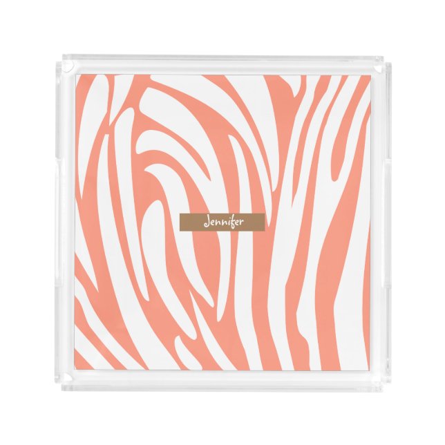 Monogram Pink Coral Striped Zebra Pattern Trendy Acrylic Tray (Front)