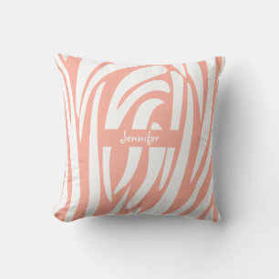 Monogram Pink Coral Striped Zebra Pattern Trendy Throw Pillow