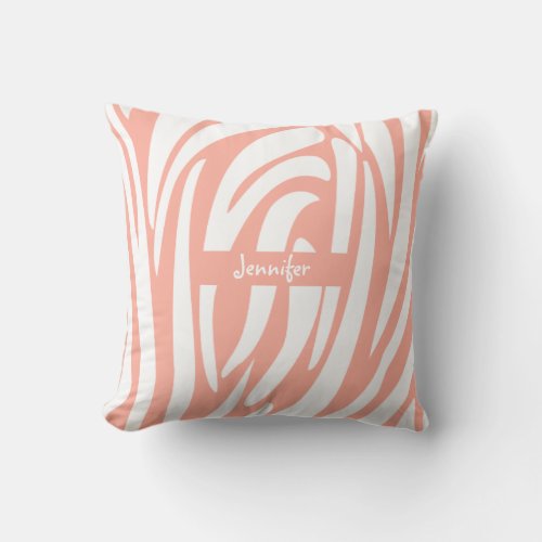 Monogram Pink Coral Striped Zebra Pattern Trendy Throw Pillow
