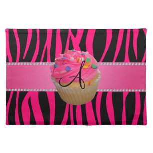 Monogram pink cupcake hot pink zebra stripes cloth placemat