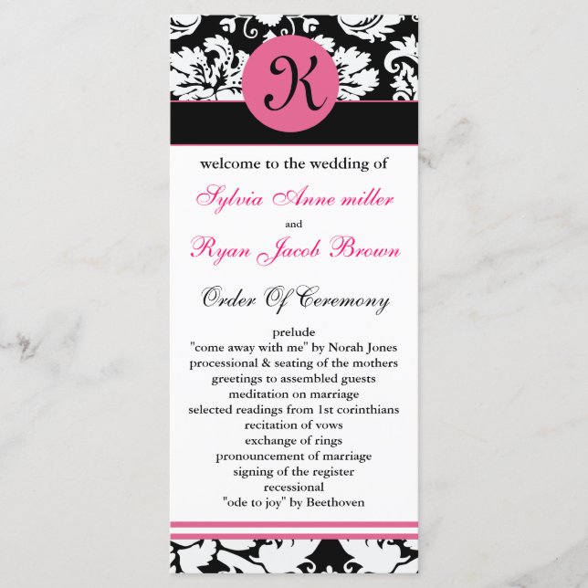 monogram pink damask Wedding program (Front)