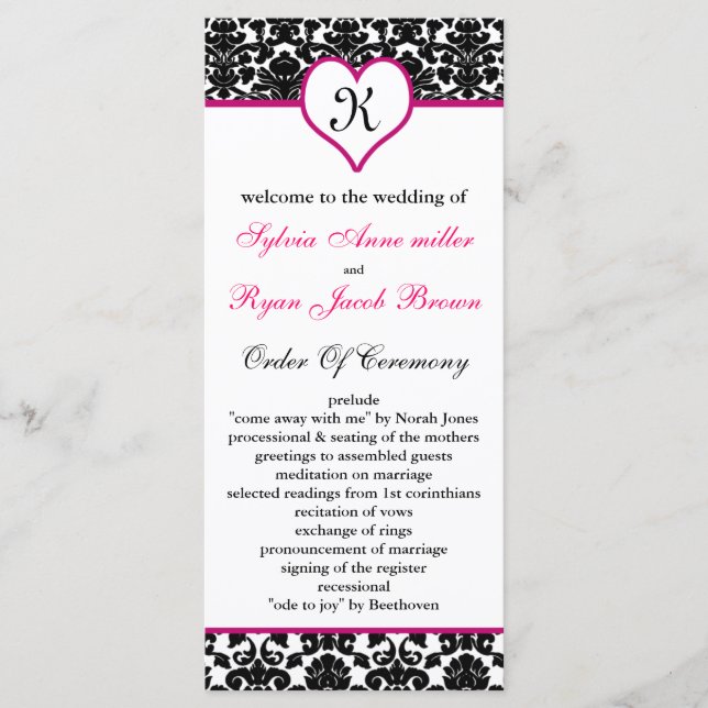 monogram pink damask Wedding program (Front)