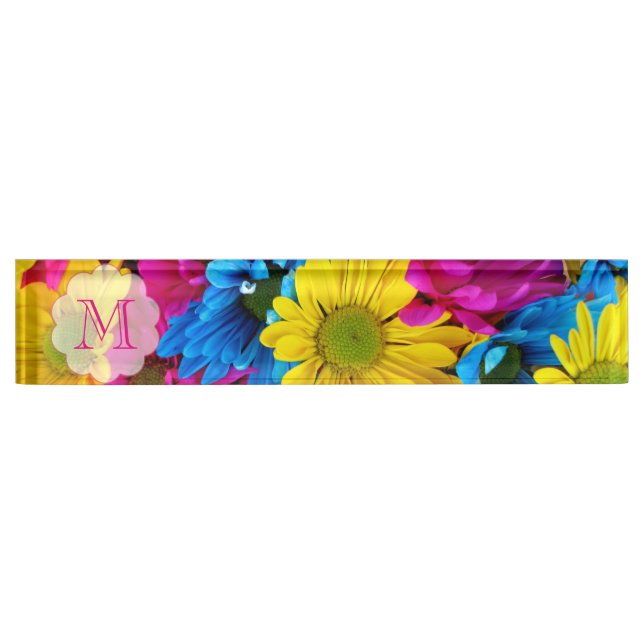 Monogram Pink Desk Name Plate daisy flower Wedding (Front)