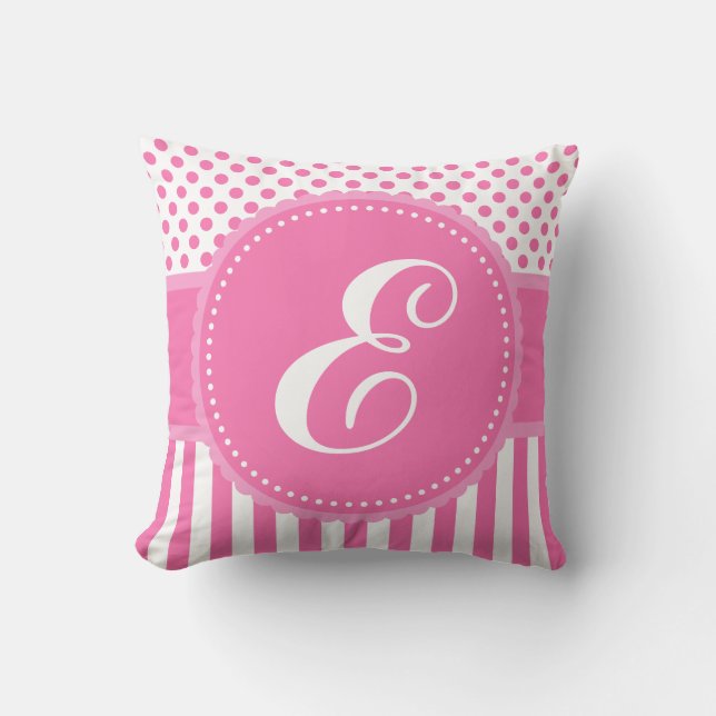 Monogram Pink Dots and Stripes Throw Pillow (Front)