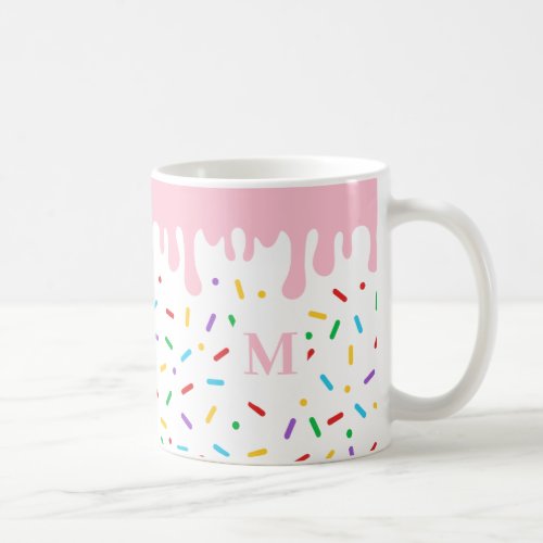 Monogram Pink Drip and Sprinkles Ice Cream  Coffee Mug