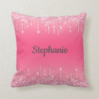 Monogram Pink Dripping Glitter, Girly, Trendy Throw Pillow