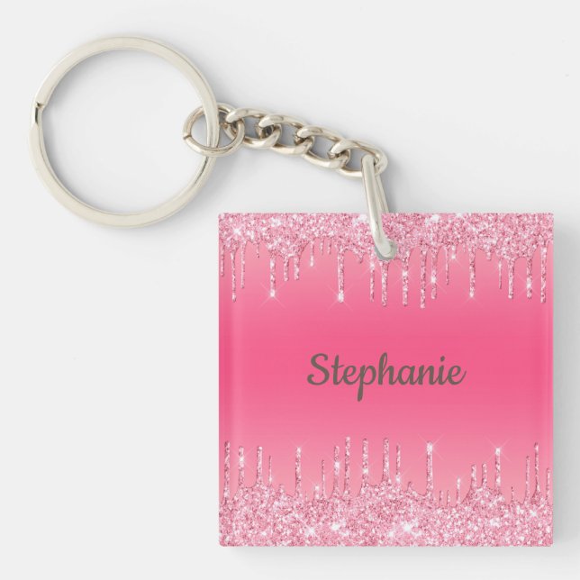 Monogram Pink Dripping Glitter Glam Trendy Keychain (Front)