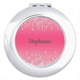 Monogram Pink Dripping Glitter Trendy Glam Compact Mirror
