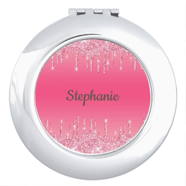 Monogram Pink Dripping Glitter Trendy Glam Compact Mirror (Front)