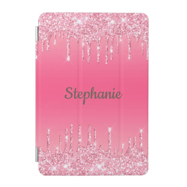 Monogram Pink Dripping Glitter Trendy Glam iPad Mini Cover (Front)