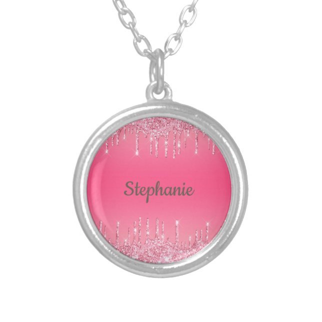 Monogram Pink Dripping Glitter Trendy Glam  Silver Plated Necklace (Front)