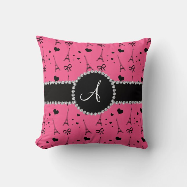 Monogram pink eiffel tower pattern throw pillow (Front)