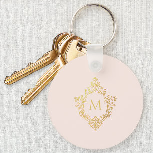 Monogram Pink Elegant Vintage Faux Gold Foil Crest Keychain
