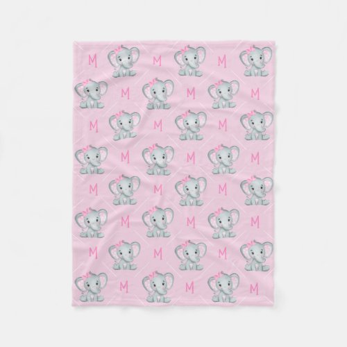 Monogram Pink Elephant Star Baby Girl Fleece Blanket