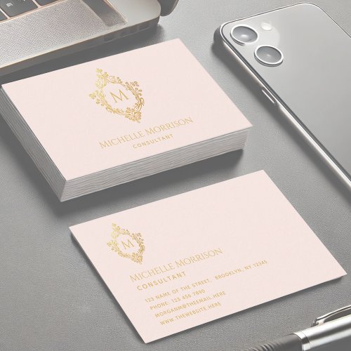 Monogram Pink Faux Gold Vintage Crest Initial Business Card