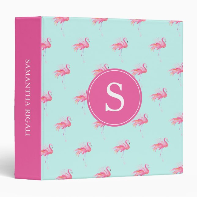 Monogram Pink Flamingo Cute Summer Binders for Her (Front/Spine)