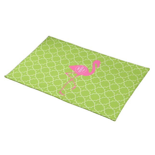 Monogram Pink Flamingo Lime Green Quatrefoil Cloth Placemat (On Table)