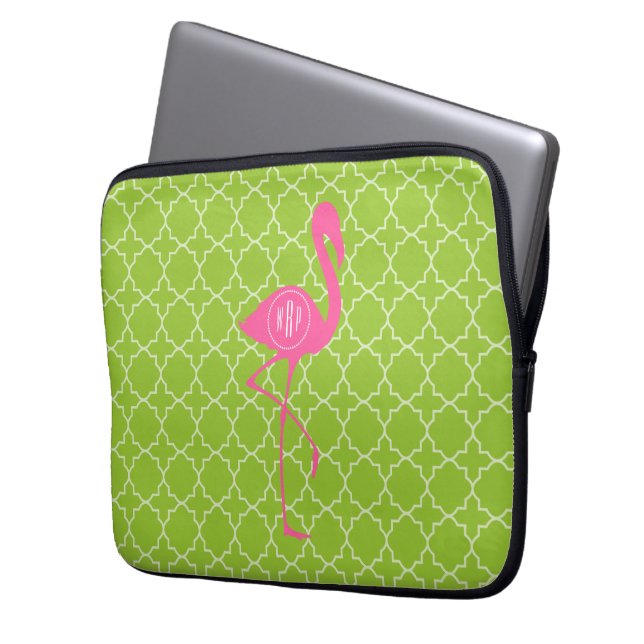 Monogram Pink Flamingo Lime Green Quatrefoil Laptop Sleeve (Front Left)