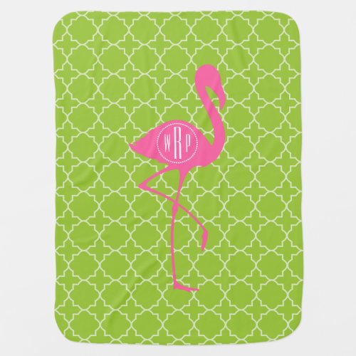 Monogram Pink Flamingo Lime Green Quatrefoil Receiving Blanket