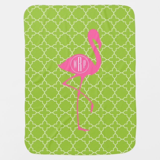 Monogram Pink Flamingo Lime Green Quatrefoil Receiving Blanket (Front)