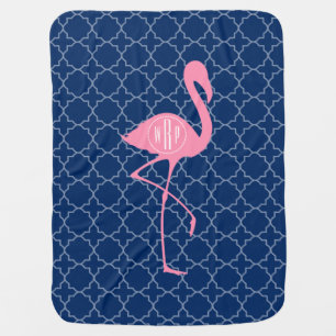 Monogram Pink Flamingo Navy Quatrefoil Baby Blanket