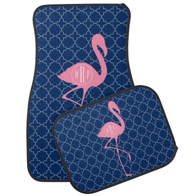 Monogram Pink Flamingo Navy Quatrefoil Car Mat (Set)