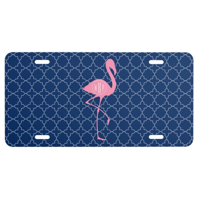 Monogram Pink Flamingo Navy Quatrefoil License Plate (Front)