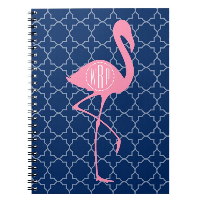 Monogram Pink Flamingo Navy Quatrefoil Notebook (Front)