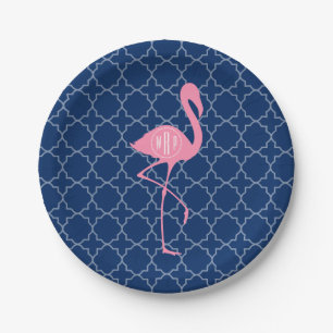Monogram Pink Flamingo Navy Quatrefoil Paper Plates