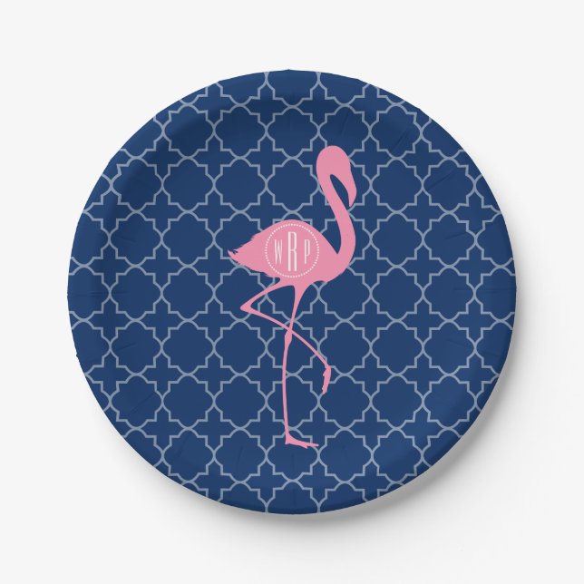 Monogram Pink Flamingo Navy Quatrefoil Paper Plates (Front)