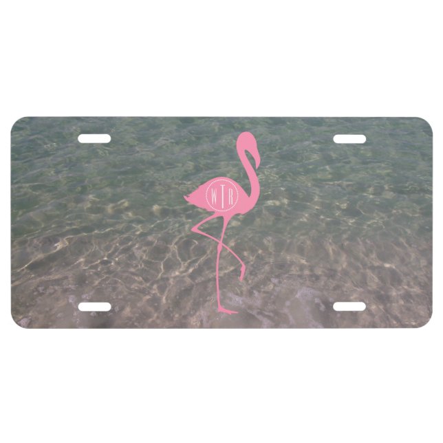 Monogram Pink Flamingo + Ocean Water License Plate (Front)