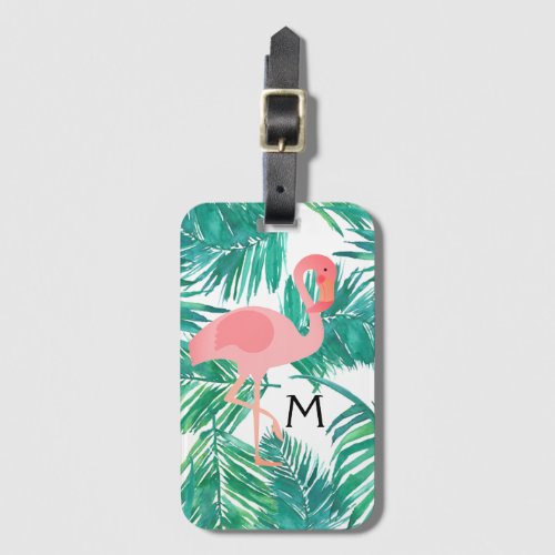 monogram pink flamingo on tropical leaves luggage tag