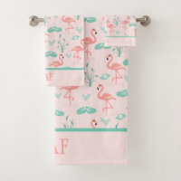 Monogram Pink Flamingos Green Palm Leaves Tropical