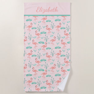 Monogram Pink Flamingos Green Palm Leaves Tropical Beach Towel