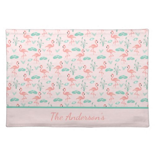 Monogram Pink Flamingos Green Palm Leaves Tropical Cloth Placemat