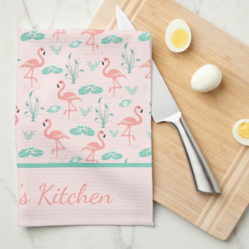 Monogram Pink Flamingos Green Palm Leaves Tropical Kitchen Towel