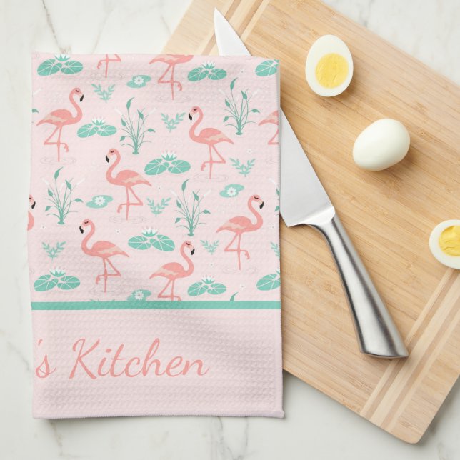 Monogram Pink Flamingos Green Palm Leaves Tropical Kitchen Towel (Quarter Fold)
