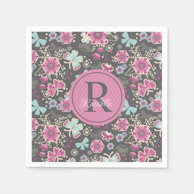 Monogram Pink Floral Birthday Pattern Napkins (Front)