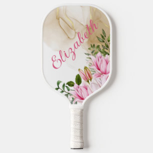 Monogram Pink Floral Green Leaves Gold Swirl Women Pickleball Paddle