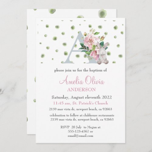 Monogram Pink Floral Greenery Baptism Girl  Invita Invitation