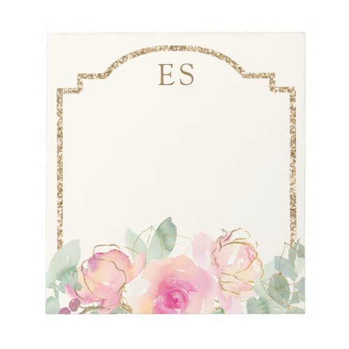 Monogram Pink Floral Greenery Gold Elegant Script Notepad