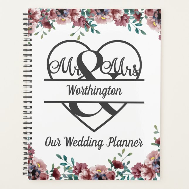 Monogram Pink Floral Greenery Wedding Planner (Front)