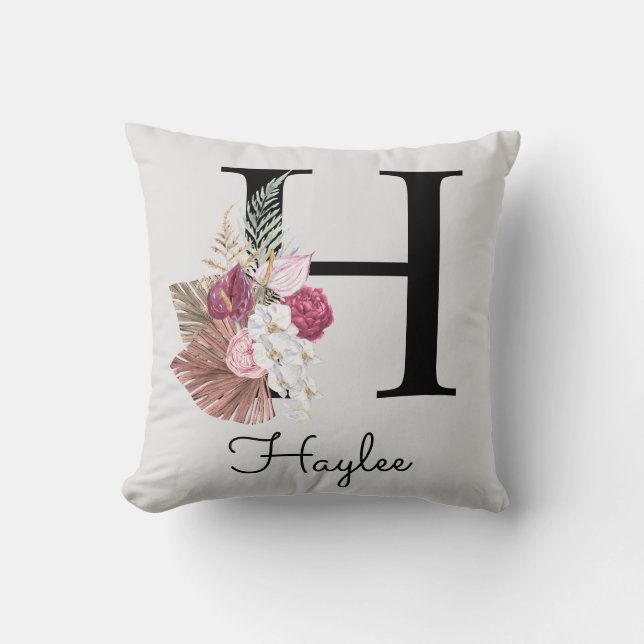 Monogram Pink Floral Initial H Throw Pillow (Front)