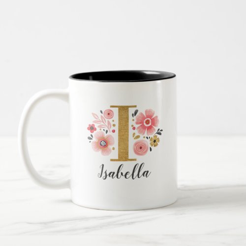 Monogram Pink Floral Initial Letter I Two_Tone Coffee Mug