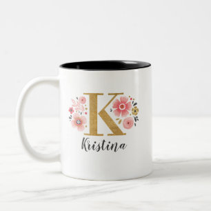 Monogram Pink Floral Initial Letter K Two-Tone Coffee Mug