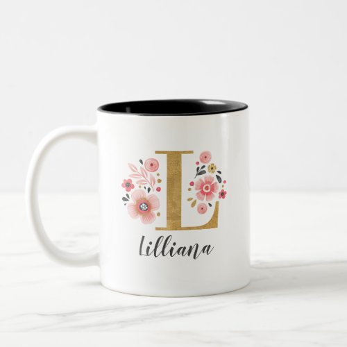 Monogram Pink Floral Initial Letter L Two_Tone Coffee Mug