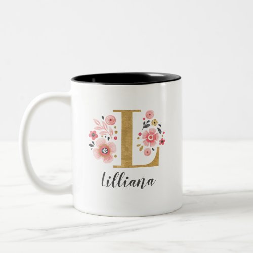 Monogram Pink Floral Initial Letter L Two_Tone Coffee Mug