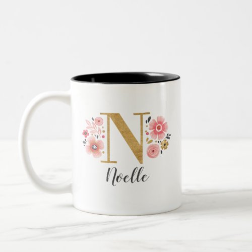 Monogram Pink Floral Initial Letter N Two_Tone Coffee Mug